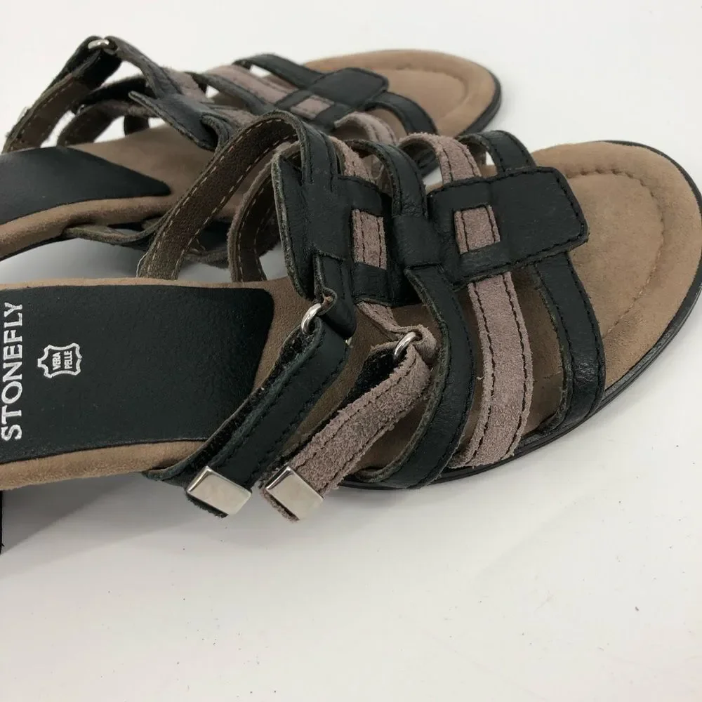 Stonefly Heeled Sandals‎ Womens 38 Black Cream Strappy Leather Slip On Open Back